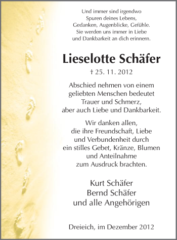 Todesanzeige von Lieselotte Schäfer von Offenbach