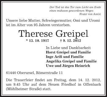 Todesanzeige von Therese Greipel von Offenbach