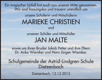 Todesanzeige von Mareike und Jan  von Offenbach