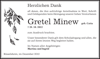 Todesanzeige von Gretel Minew von Offenbach