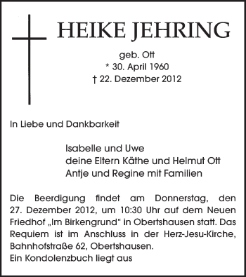 Todesanzeige von Heike Jehring von Offenbach