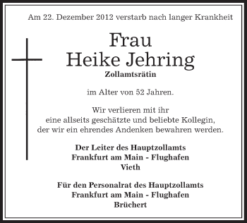 Todesanzeige von Heike Jehring von Offenbach