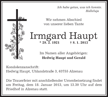 Todesanzeige von Irmgard Haupt von Offenbach
