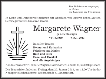 Todesanzeige von Margarete Wagner von Offenbach