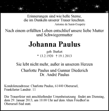 Todesanzeige von Johanna Paulus von Offenbach