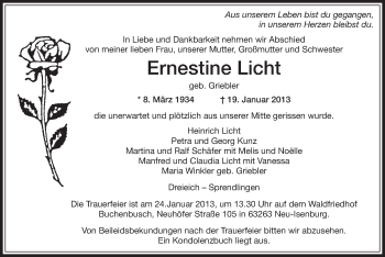 Todesanzeige von Ernestine Licht von Offenbach