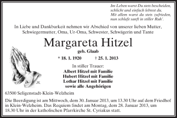 Todesanzeige von Margareta Hitzel von Offenbach
