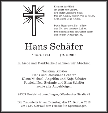 Todesanzeige von Hans Schäfer von Offenbach
