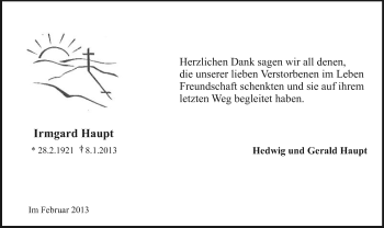 Todesanzeige von Irmgard Haupt von Offenbach