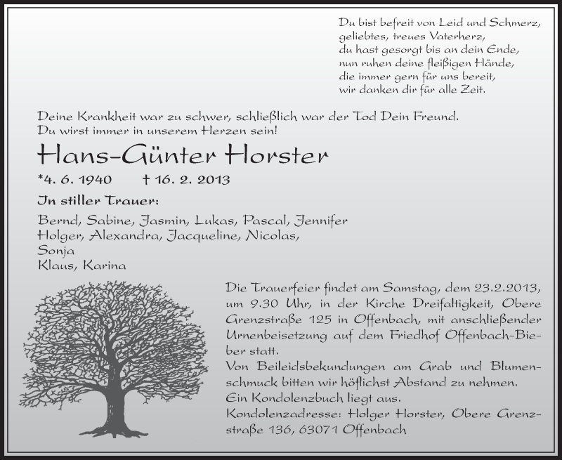  Traueranzeige für Hans-Günter Horster vom 20.02.2013 aus Offenbach