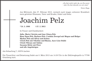 Todesanzeige von Joachim Pelz von Offenbach