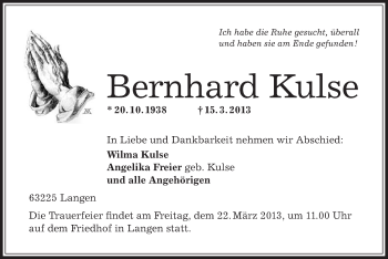 Todesanzeige von Bernhard Kulse von Offenbach