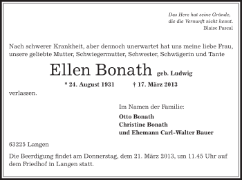 Todesanzeige von Ellen Bonath von Offenbach