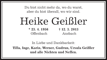 Todesanzeige von Heike Geißler von Offenbach