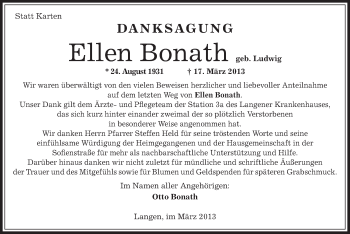 Todesanzeige von Ellen Bonath von Offenbach