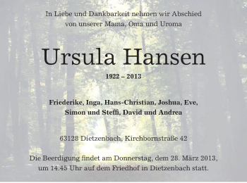 Todesanzeige von Ursula Hansen von Offenbach