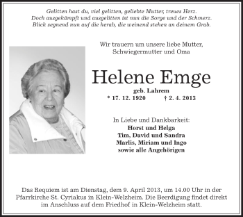 Todesanzeige von Helene Emge von Offenbach