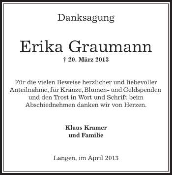 Todesanzeige von Erika Graumann von Offenbach