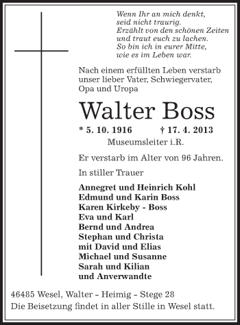 Todesanzeige von Walter Boss von Offenbach