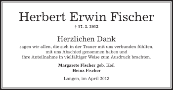 Todesanzeige von Herbert Erwin Fischer von Offenbach