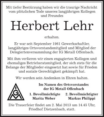 Todesanzeige von Herbert Lehr von Offenbach
