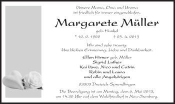 Todesanzeige von Margarete Müller von Offenbach