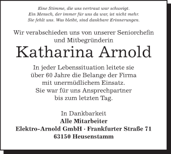 Todesanzeige von Katharina Arnold von Offenbach