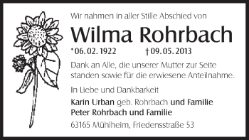 Todesanzeige von Wilma Rohrbach von Offenbach