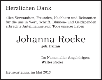 Todesanzeige von Johanna Rocke von Offenbach