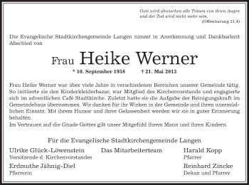 Todesanzeige von Heike Werner von Offenbach