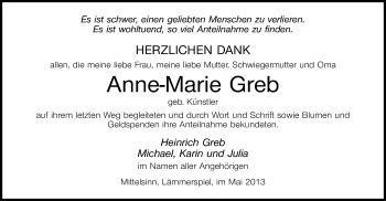 Todesanzeige von Anne-Marie Greb von Offenbach