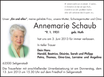 Todesanzeige von Annemarie Schaub von Offenbach