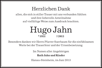 Todesanzeige von Hugo Jahn von Offenbach