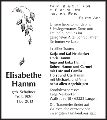 Todesanzeige von Elisabethe Hamm von Offenbach