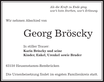 Todesanzeige von Georg Bröscky von Offenbach