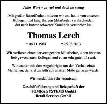 Todesanzeige von Thomas Lerch von Offenbach