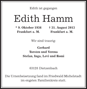 Todesanzeige von Edith Hamm von Offenbach