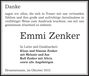 Todesanzeige von Emmi Zenker von Offenbach