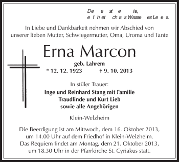 Todesanzeige von Erna Marcon von Offenbach