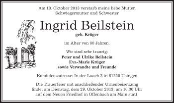 Todesanzeige von Ingrid Beilstein von Offenbach