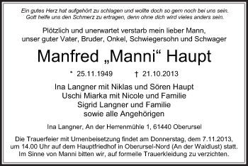 Todesanzeige von Manfred Haupt von Offenbach