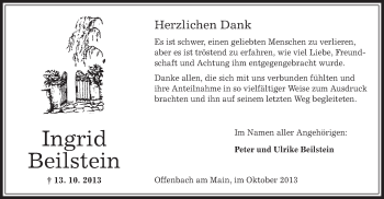 Todesanzeige von Ingrid Beilstein von Offenbach