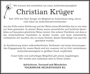 Todesanzeige von Christian Krüger von Offenbach