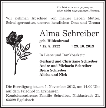 Todesanzeige von Alma Schreiber von Offenbach