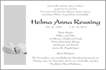 Todesanzeige von Helma Anna Reusing von Offenbach