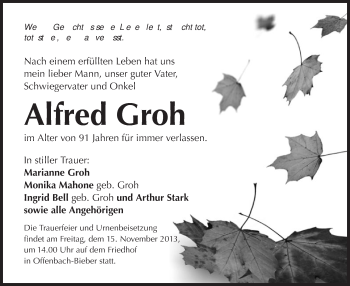 Todesanzeige von Alfred Groh von Offenbach