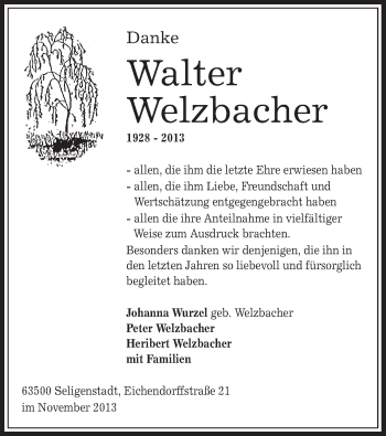 Todesanzeige von Walter Welzbacher von Offenbach