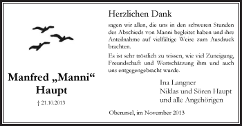 Todesanzeige von Manfred Haupt von Offenbach