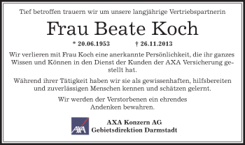 Todesanzeige von Beate Koch von Offenbach