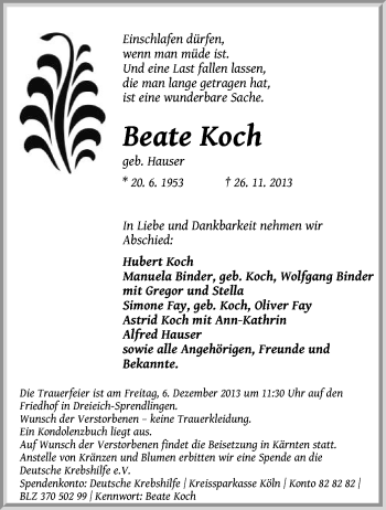 Todesanzeige von Beate Koch von Offenbach